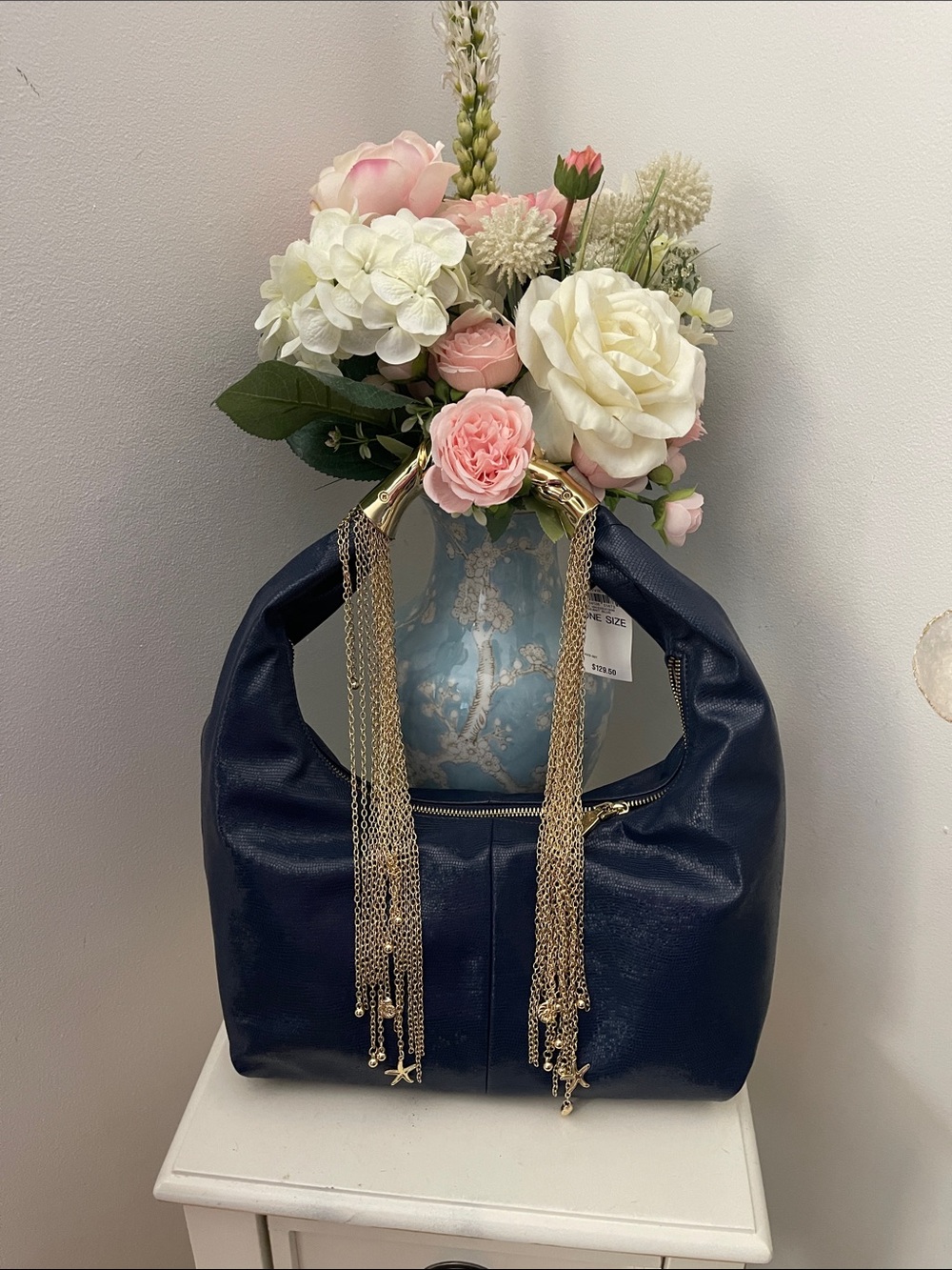 INC Navy Blue Women's Shoulder Bag with Gold Chain Fringe